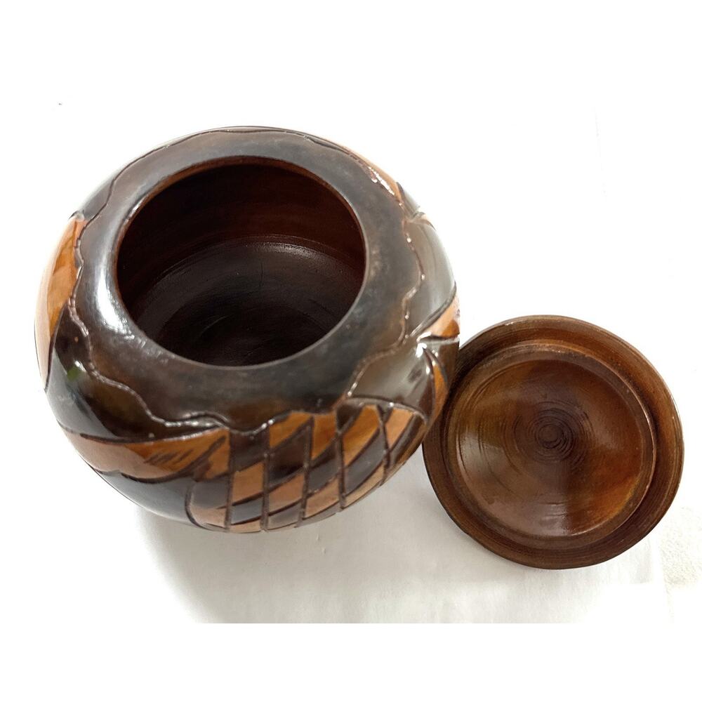 Hand Carved Teak Wood Lidded Jar Indonesian Folk Art Animal Motif Trinket Box 5” - Picture 8 of 9